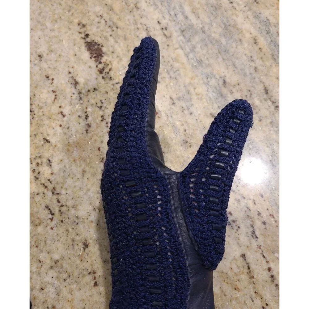 Vintage Size M 7 Blue Leather And Knit Handmade Gloves Hammer Of Hollywood